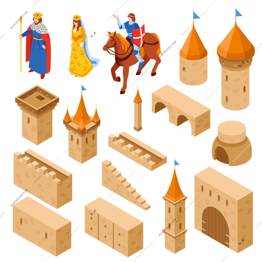 Medieval castle elements isometric set including towers and walls bridge gate and royal family isolated vector illustration