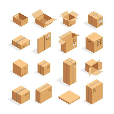 Isometric carton packaging box images set of different size with postal signs this side up fragile vector illustration