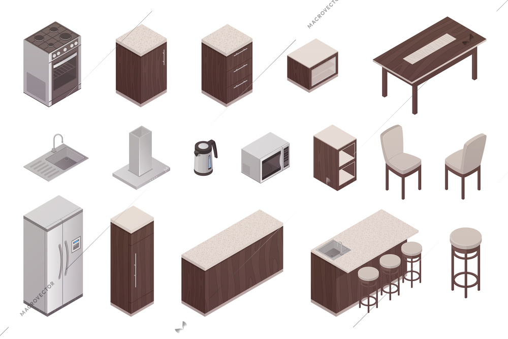 Isolated isometric elements of kitchen interior with refrigerator table oven microwave washer ventilation unit 3d vector illustration