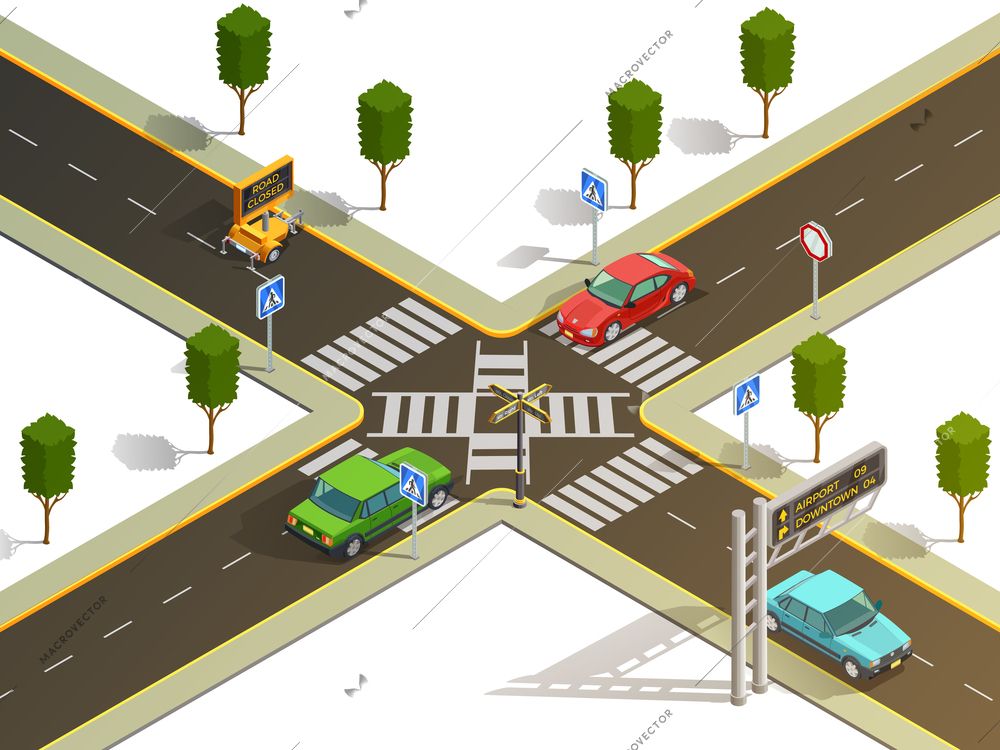 City suburb crossroads navigation isometric view with traffic boards pedestrian zebra crossing and cars vector illustration