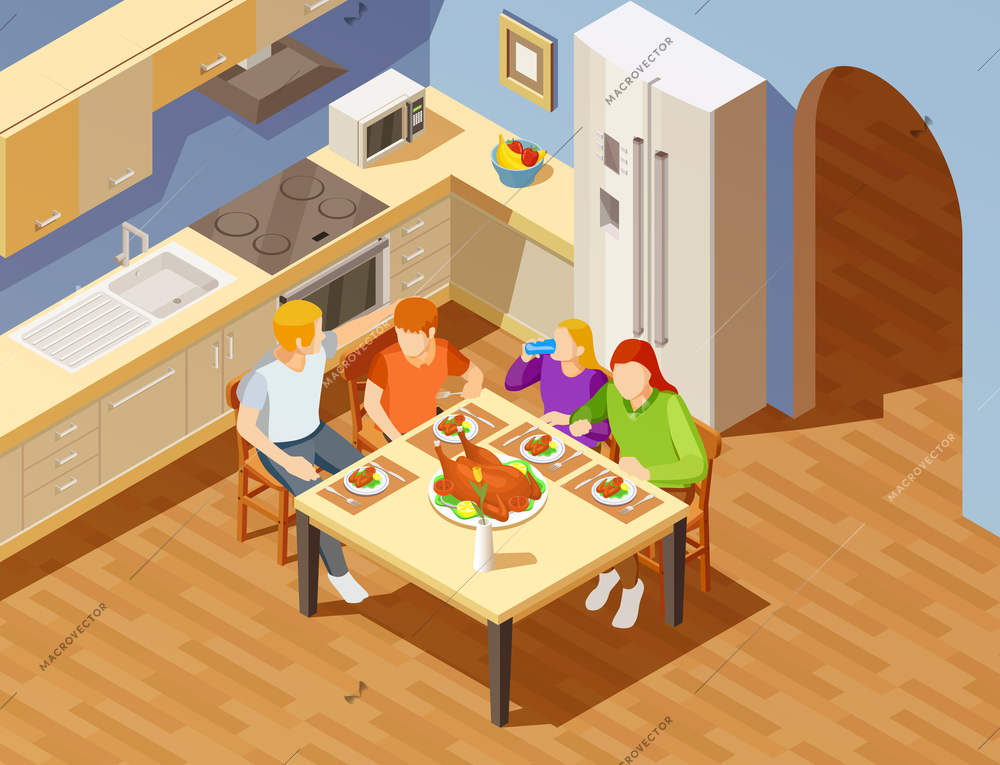 Family of four weekend dinner at kitchen table isometric view with fried chicken dish