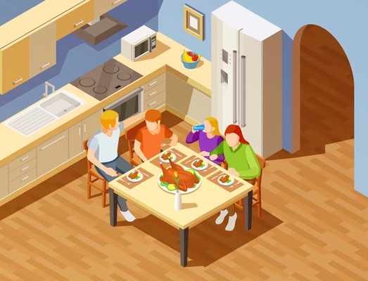 Family of four weekend dinner at kitchen table isometric view with fried chicken dish