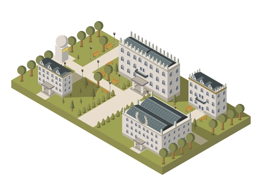 Isometric university concept with university buildings lawns and park vector illustration