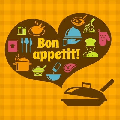 Cooking food kitchen bon appetit poster with pan and restaurant icons vector illustration