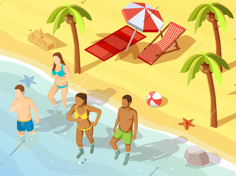 Two young couples friends on tropical beach vacation bathing in swimming suits isometric view poster vector illustration