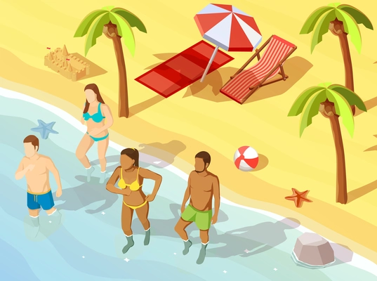 Two young couples friends on tropical beach vacation bathing in swimming suits isometric view poster vector illustration