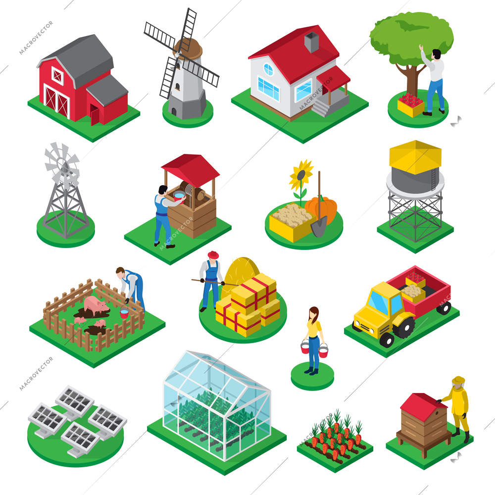 Farm isometric icons set with farmhouse windmill orchard greenhouse beehive and farmyard facilities workers isolated vector illustration