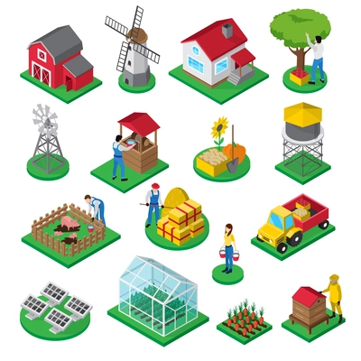 Farm isometric icons set with farmhouse windmill orchard greenhouse beehive and farmyard facilities workers isolated vector illustration