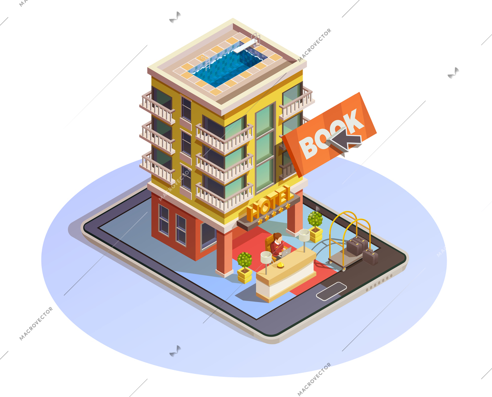 Online hotel booking isometric icon with building street view and reception service mounted on tablet vector illustration