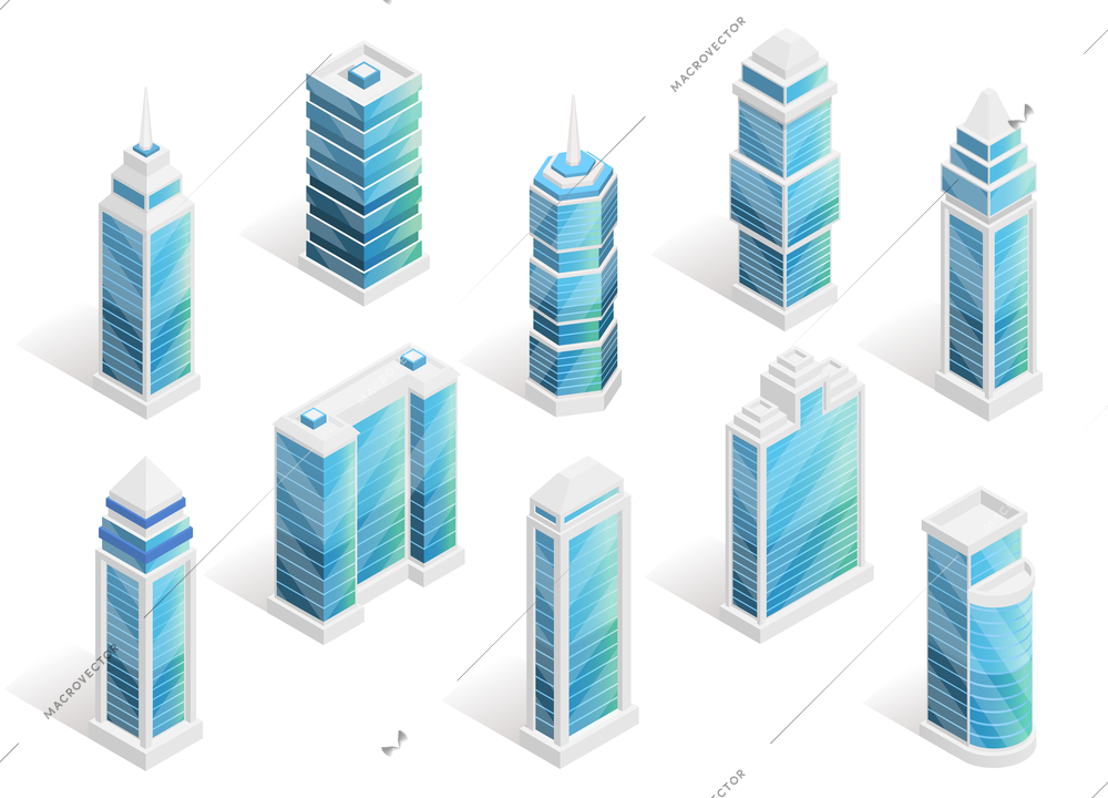 City houses isometric set with modern buildings isolated vector illustration