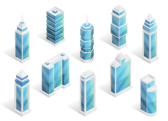 City houses isometric set with modern buildings isolated vector illustration