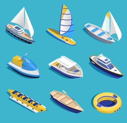 Sea activities isometric set on blue background isolated vector illustration