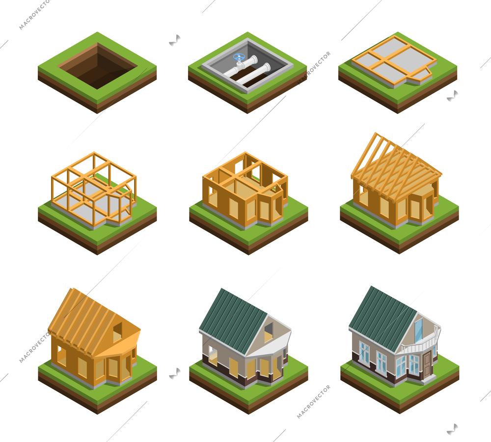 House construction phases isometric icons set isolated vector illustration