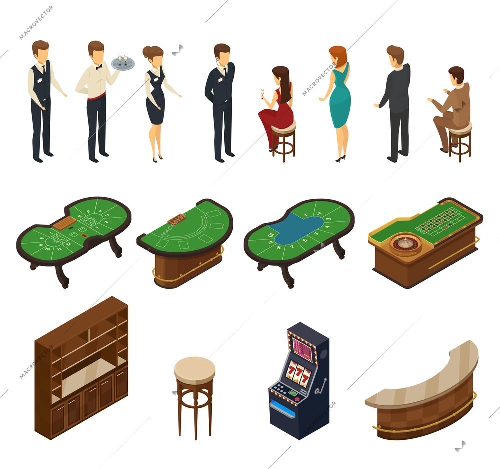 Colored and isolated casino isometric icon set with halls furniture and service personnel vector illustration