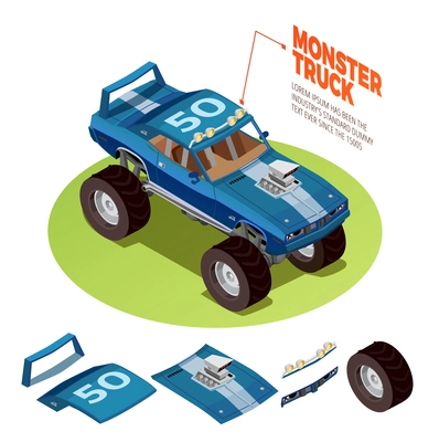 Monster truck model 4wd four runner range rover off-road vehicle kit isometric package image advertisement vector illustration