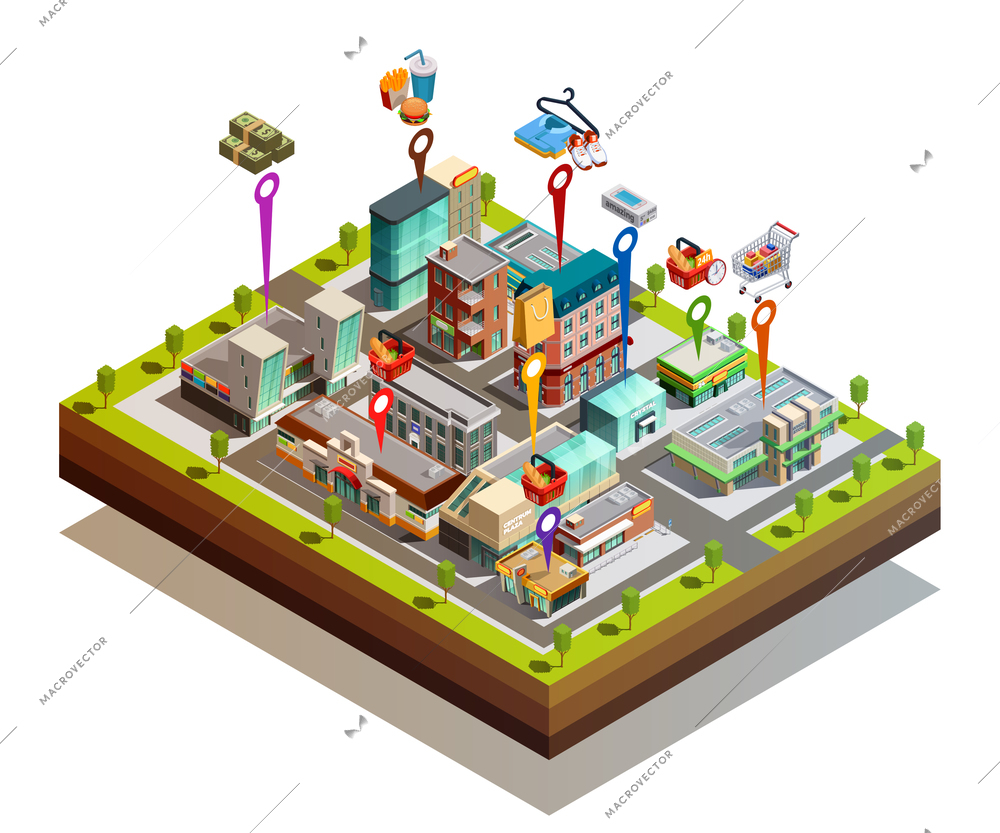 Island city isometric concept with numerous store buildings on white background vector illustration