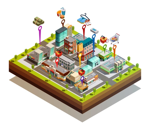 Island city isometric concept with numerous store buildings on white background vector illustration