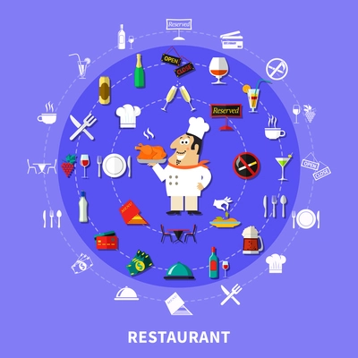 Restaurant circle composition with cartoon cook character surrounded by flat emoji icons dishes and pictogram signs vector illustration
