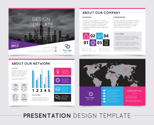 Company presentation templates on grey background flat isolated vector illustration