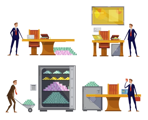 Set of compositions with financial worker doodle characters carrying stacks of money to safe cash box vector illustration