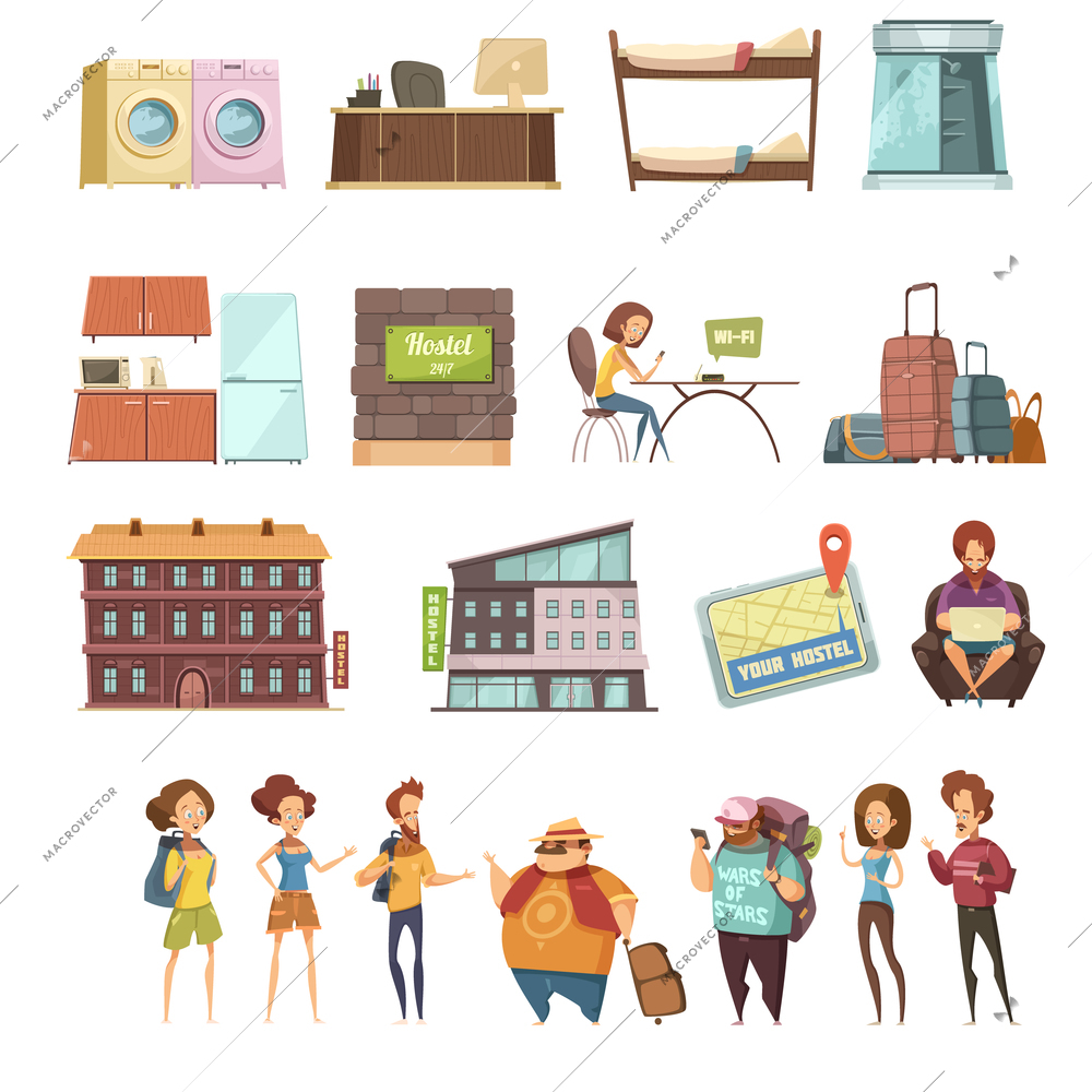 Hostel isolated retro icons set in cartoon style with backpackers guesthouse buildings and elements of hotel interior flat vector illustration