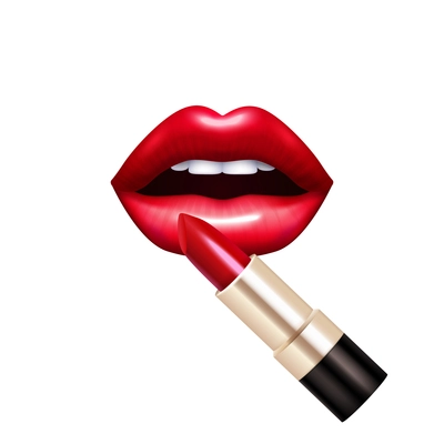 Lips and lipstick realistic set with glossy red color isolated vector illustration