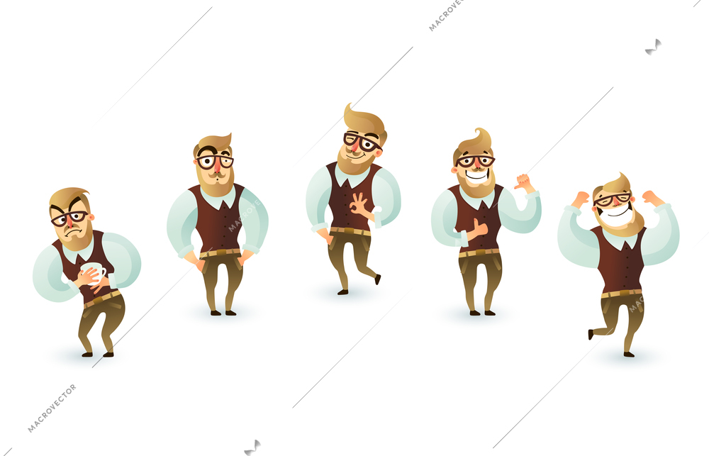 Funny office hispter man emotions in different days of week cartoon isolated on white background vector illustration