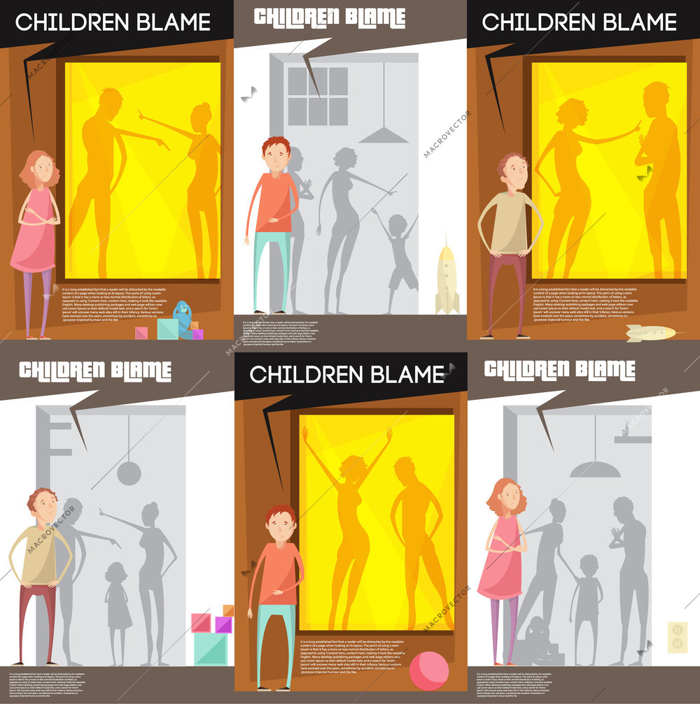 Adults abuse children posters set with unhappy teenage child characters watching quarreling parents silhouettes with title vector illustration