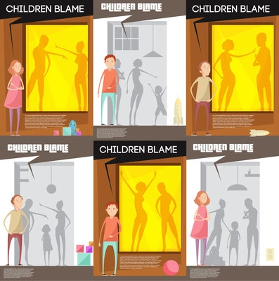 Adults abuse children posters set with unhappy teenage child characters watching quarreling parents silhouettes with title vector illustration