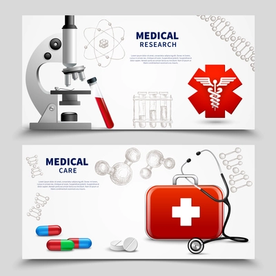 Two horizontal medical care banners set with realistic images of ambulance box equipment and molecule signs vector illustration