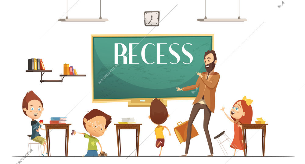 Primary school teacher announcing lunch and recess break time for children to eat retro cartoon vector illustration