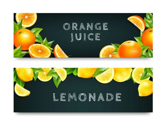 Orange juice lemonade 2 blackboard horizontal advertisement banners set with realistic citrus fruits border isolated vector illustration