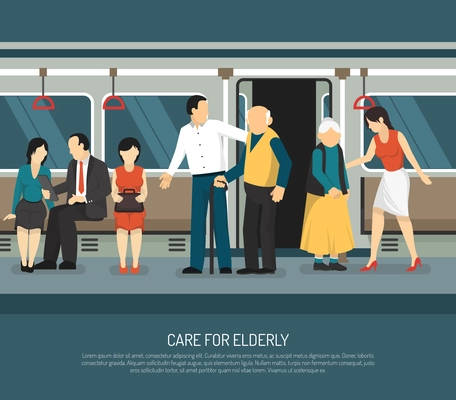 Care for elderly scene in subway car  with young man and woman helping old passengers vector illustration