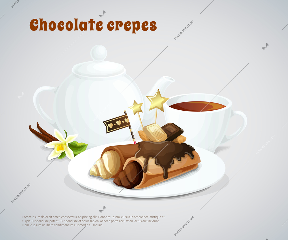 Composition with chocolate pancakes stuffing cream on dish and teapot with cup on grey background vector illustration