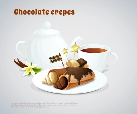 Composition with chocolate pancakes stuffing cream on dish and teapot with cup on grey background vector illustration