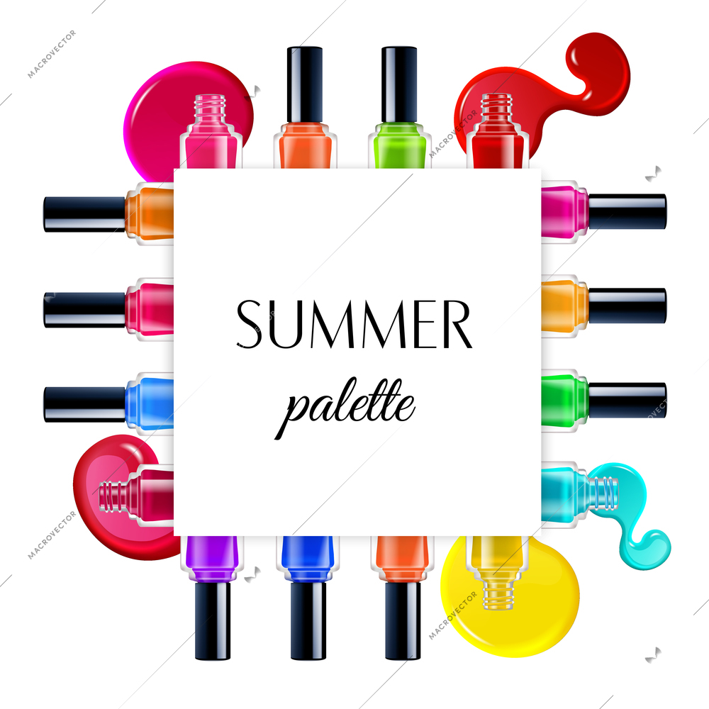 Summer palette of colorful nail polishes and blots frame on white background realistic vector illustration