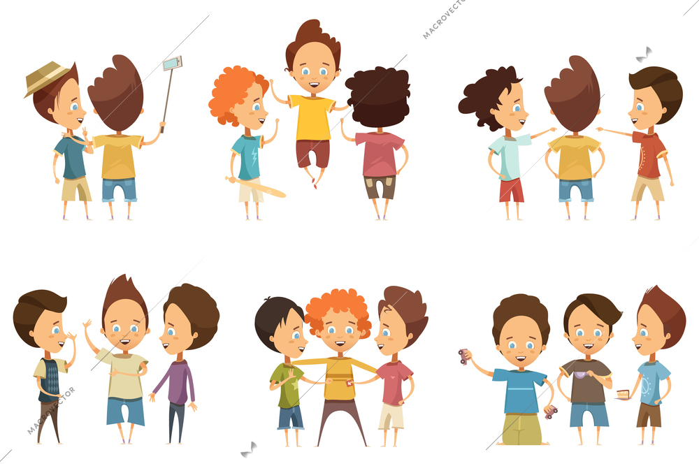 Groups of boys in colorful clothing with accessories during communication set in cartoon style isolated vector illustration