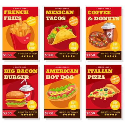 Set of posters in red yellow colors with fast food dishes coffee and donuts isolated vector illustration