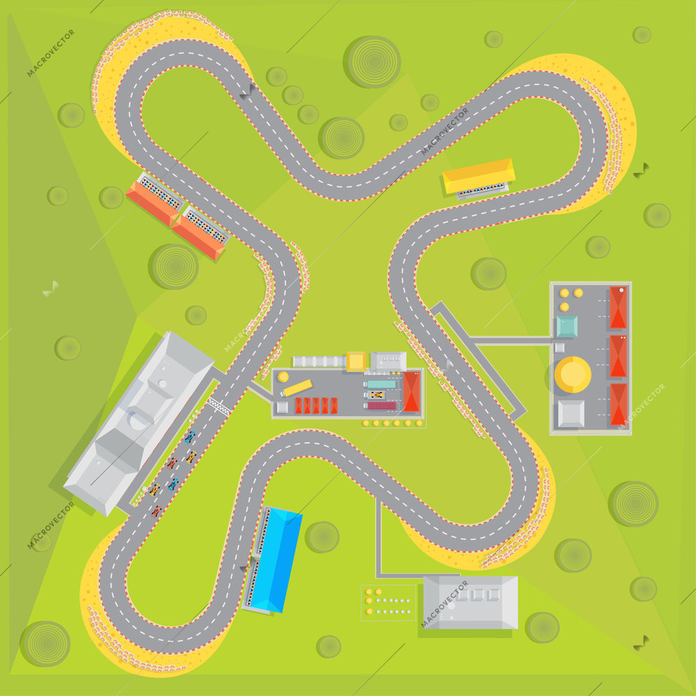 Race track composition with top view of racing course with green surrounding area and infrastructure buildings vector illustration