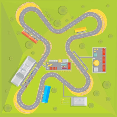 Race track composition with top view of racing course with green surrounding area and infrastructure buildings vector illustration