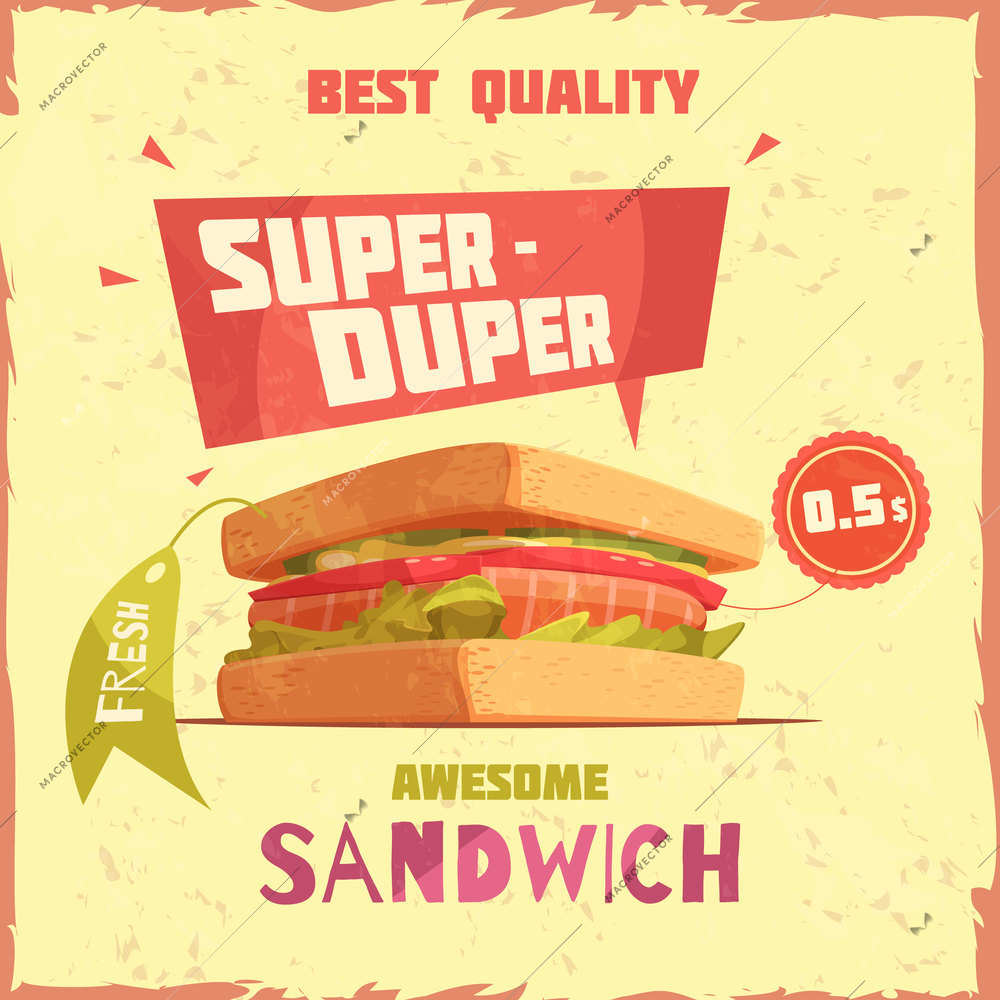 Super duper sandwich of best quality with price and tag promotional poster on textured background vector illustration