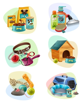 Affordable pet care service concept 6 colorful icons collection with dry dog food and treats isolated vector illustration