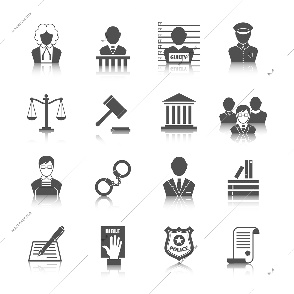 Law legal justice judge and legislation icons set with scales court gavel isolated vector illustration