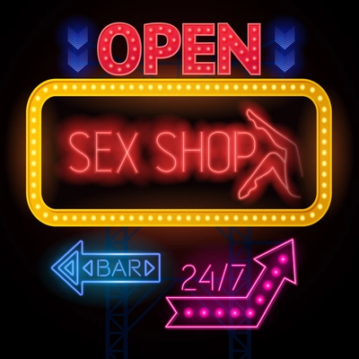 Electric sign board poster sex shop and twenty four hour bar colorful signs frames and arrows vector illustration