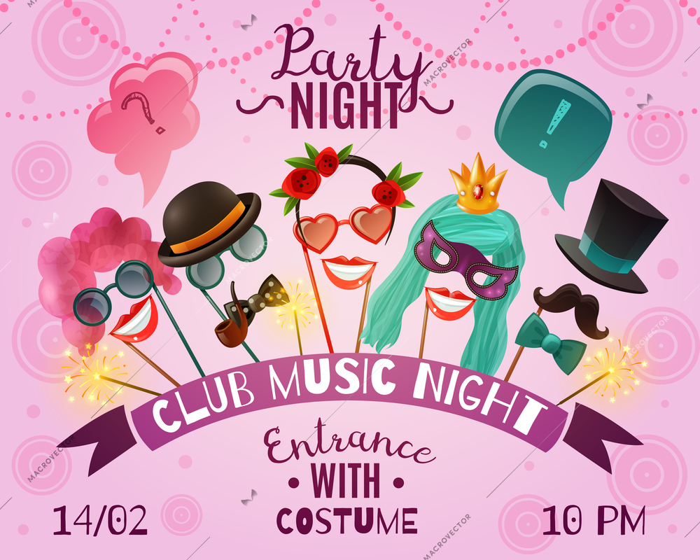 Colorful advertising poster with invitation to music club for costume night party and props cartoon icons vector illustration