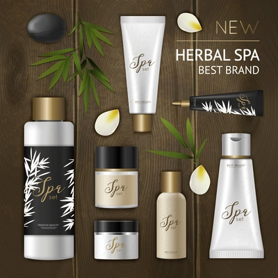 Colored spa cosmetic composition with cosmetic package icon set on wooden background and herbal spa best brand headline vector illustration