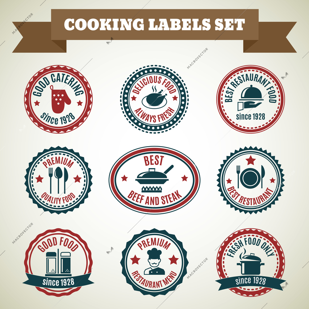 Cooking chef labels set of good catering delicious food always fresh isolated vector illustration