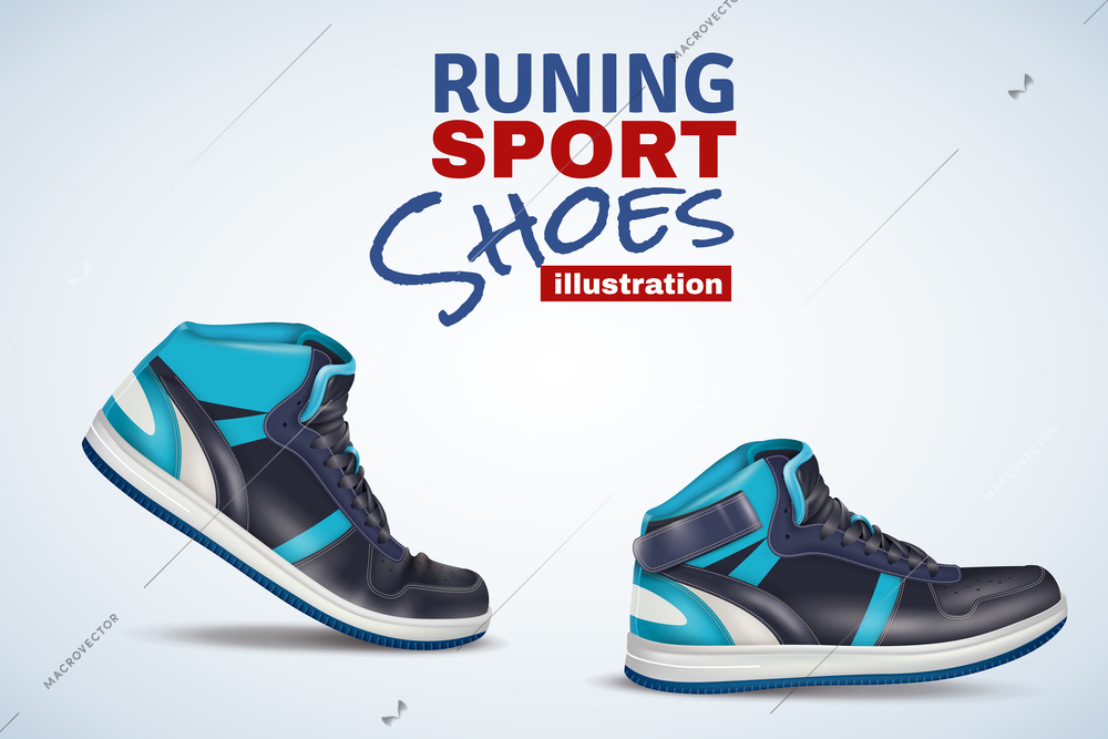 Original vector illustration for retail trade with running leather sport shoes in light and dark shades of blue