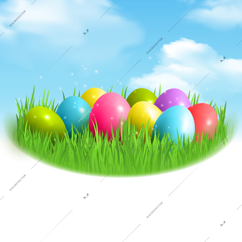 Colorful easter eggs composition with bunch of glittering magic eggs on green grass with clear sky vector illustration