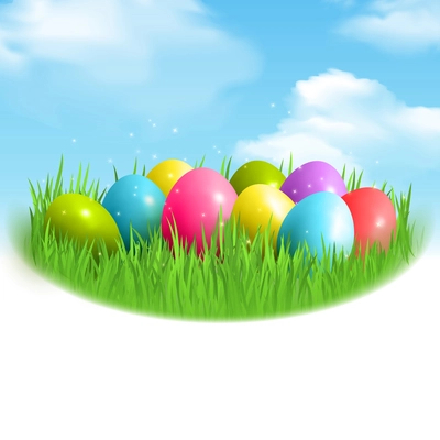 Colorful easter eggs composition with bunch of glittering magic eggs on green grass with clear sky vector illustration